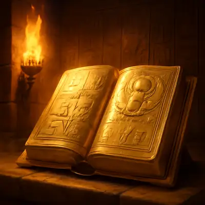 Golden Egyptian tome open in a torch-lit tomb in Book of Dead